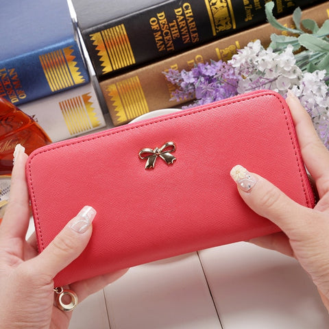 Women Long Clutch Wallets Fashion PU Leather Bowknot Coin Bag Phone Purses Famous Designer Lady Cards Holder Wallet